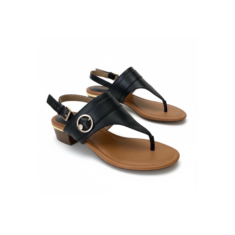 Liz Claiborne Black Thong Slingback Sandals Gold Buckle Block Heel 10M-Classic